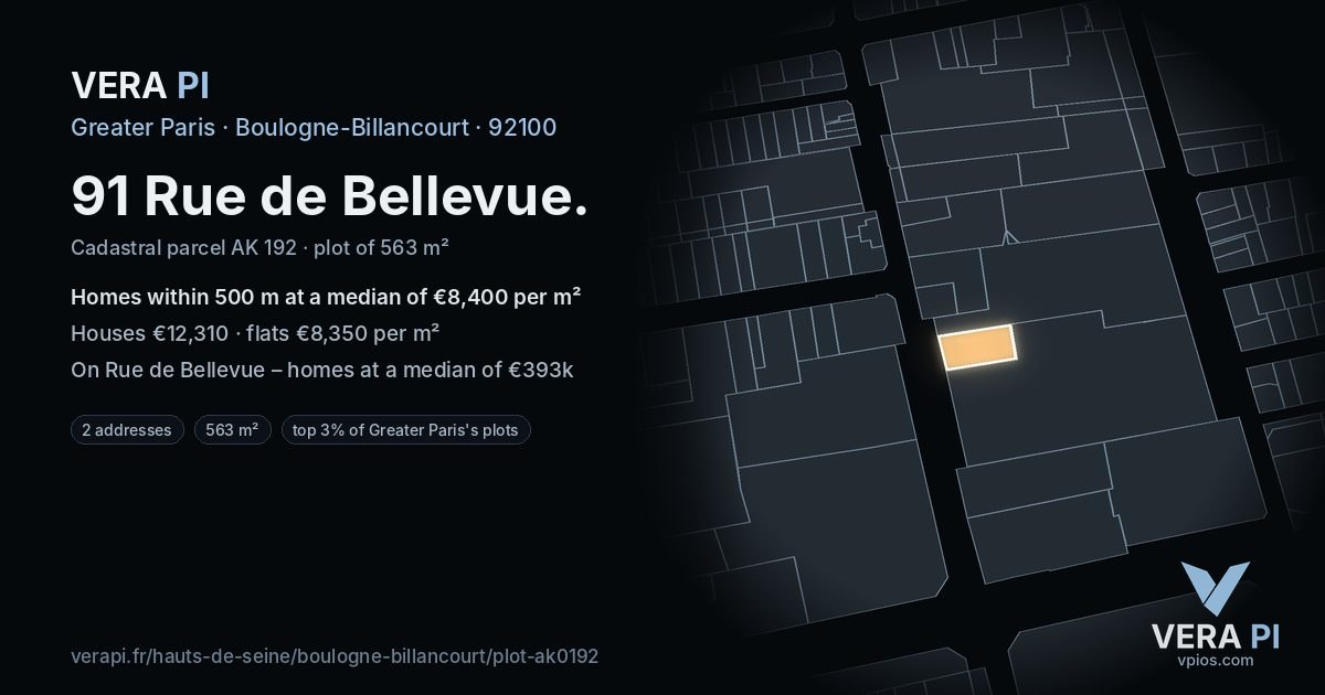 91 Rue de Bellevue, Boulogne-Billancourt at night – the plot lit, the parcels around coloured by the prices near them