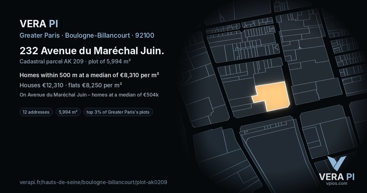 232 Avenue du Maréchal Juin, Boulogne-Billancourt at night – the plot lit, the parcels around coloured by the prices near them