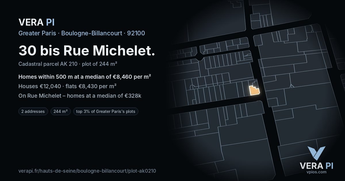 30 bis Rue Michelet, Boulogne-Billancourt at night – the plot lit, the parcels around coloured by the prices near them