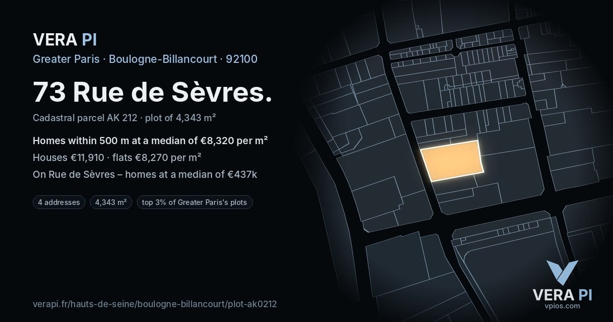 73 Rue de Sèvres, Boulogne-Billancourt at night – the plot lit, the parcels around coloured by the prices near them