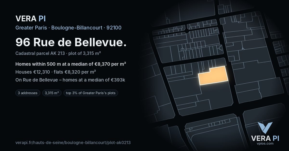 96 Rue de Bellevue, Boulogne-Billancourt at night – the plot lit, the parcels around coloured by the prices near them