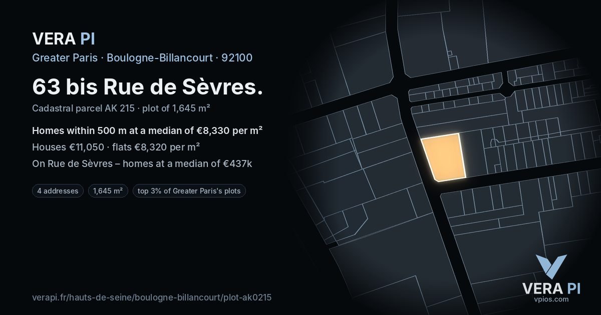 63 bis Rue de Sèvres, Boulogne-Billancourt at night – the plot lit, the parcels around coloured by the prices near them