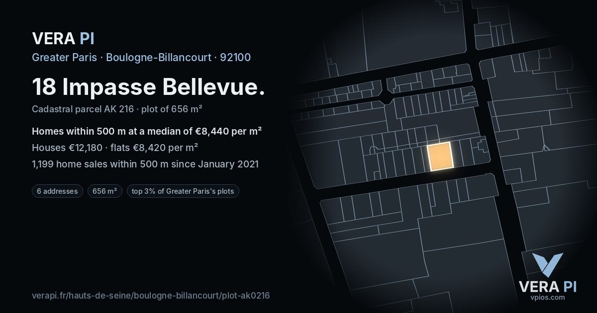 18 Impasse Bellevue, Boulogne-Billancourt at night – the plot lit, the parcels around coloured by the prices near them