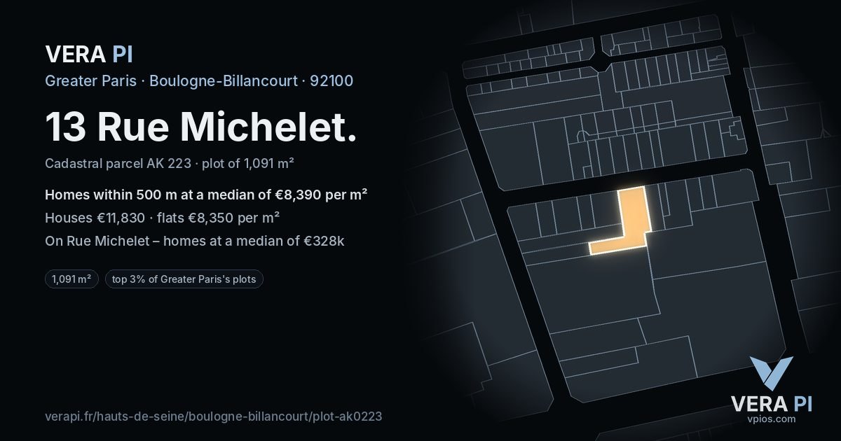 13 Rue Michelet, Boulogne-Billancourt at night – the plot lit, the parcels around coloured by the prices near them
