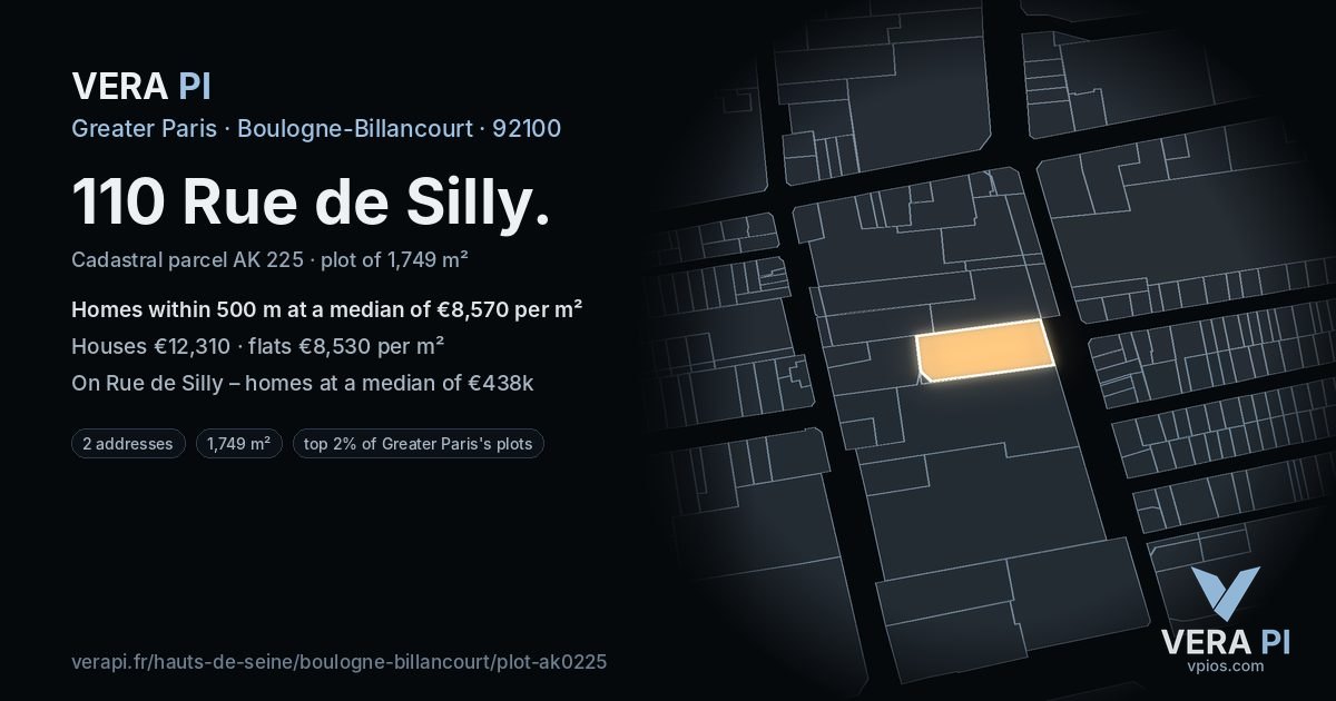 110 Rue de Silly, Boulogne-Billancourt at night – the plot lit, the parcels around coloured by the prices near them