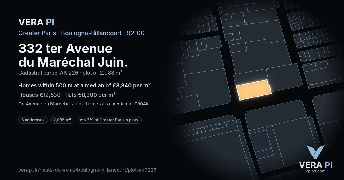 332 ter Avenue du Maréchal Juin, Boulogne-Billancourt at night – the plot lit, the parcels around coloured by the prices near them