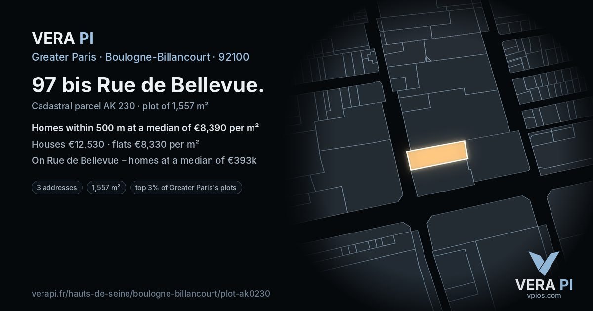 97 bis Rue de Bellevue, Boulogne-Billancourt at night – the plot lit, the parcels around coloured by the prices near them