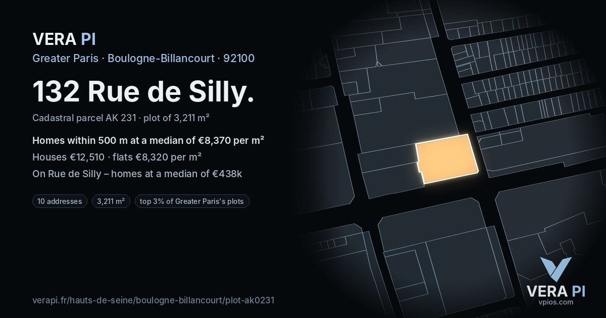 132 Rue de Silly, Boulogne-Billancourt at night – the plot lit, the parcels around coloured by the prices near them