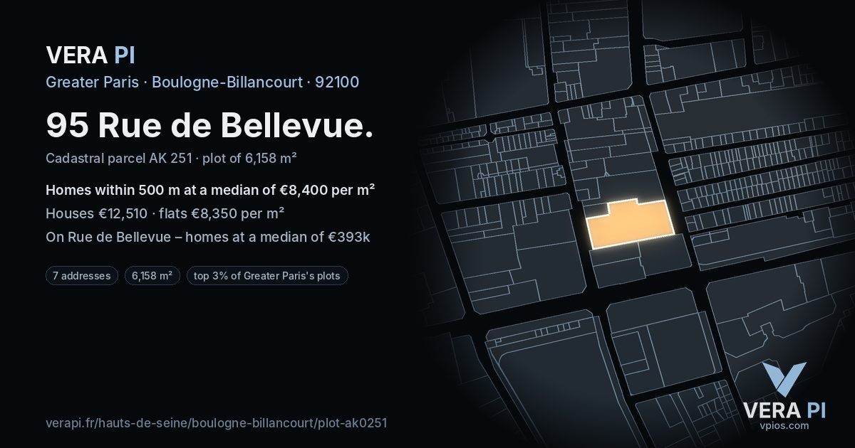 95 Rue de Bellevue, Boulogne-Billancourt at night – the plot lit, the parcels around coloured by the prices near them