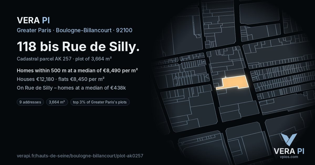118 bis Rue de Silly, Boulogne-Billancourt at night – the plot lit, the parcels around coloured by the prices near them