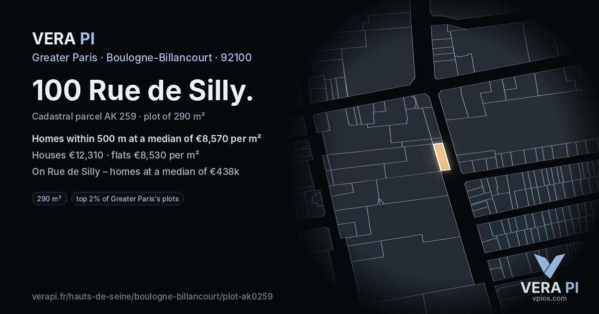 100 Rue de Silly, Boulogne-Billancourt at night – the plot lit, the parcels around coloured by the prices near them