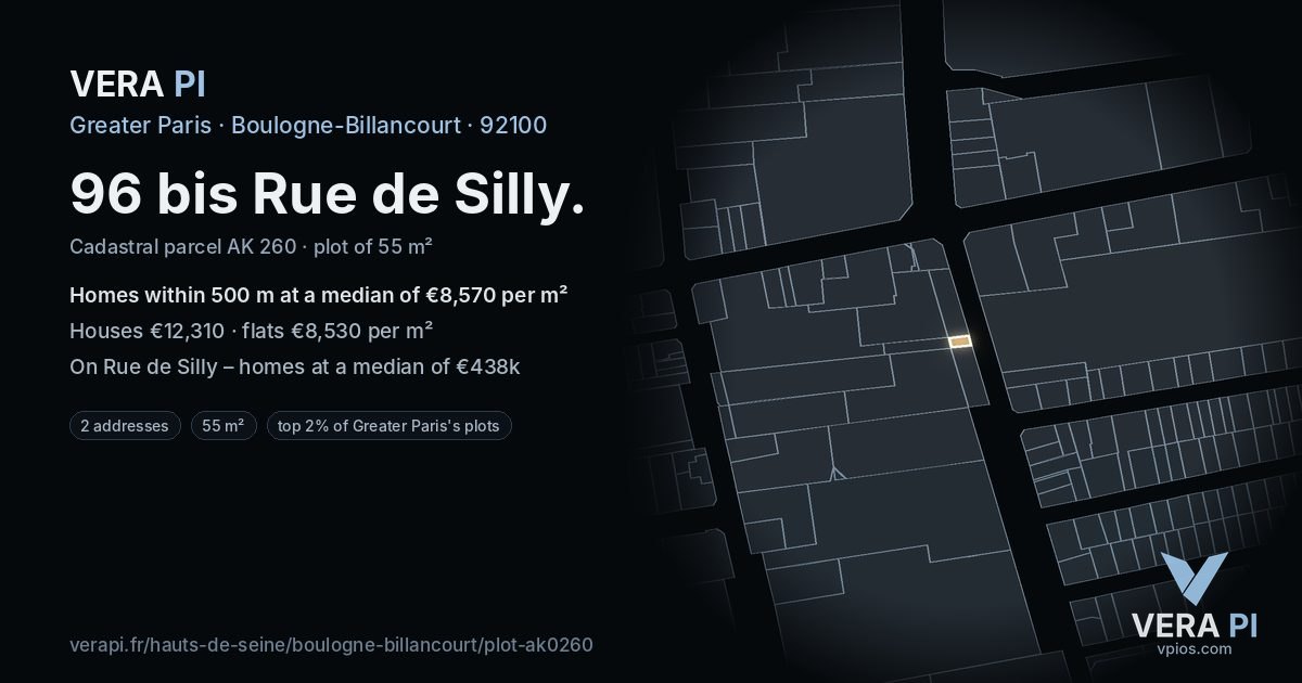 96 bis Rue de Silly, Boulogne-Billancourt at night – the plot lit, the parcels around coloured by the prices near them