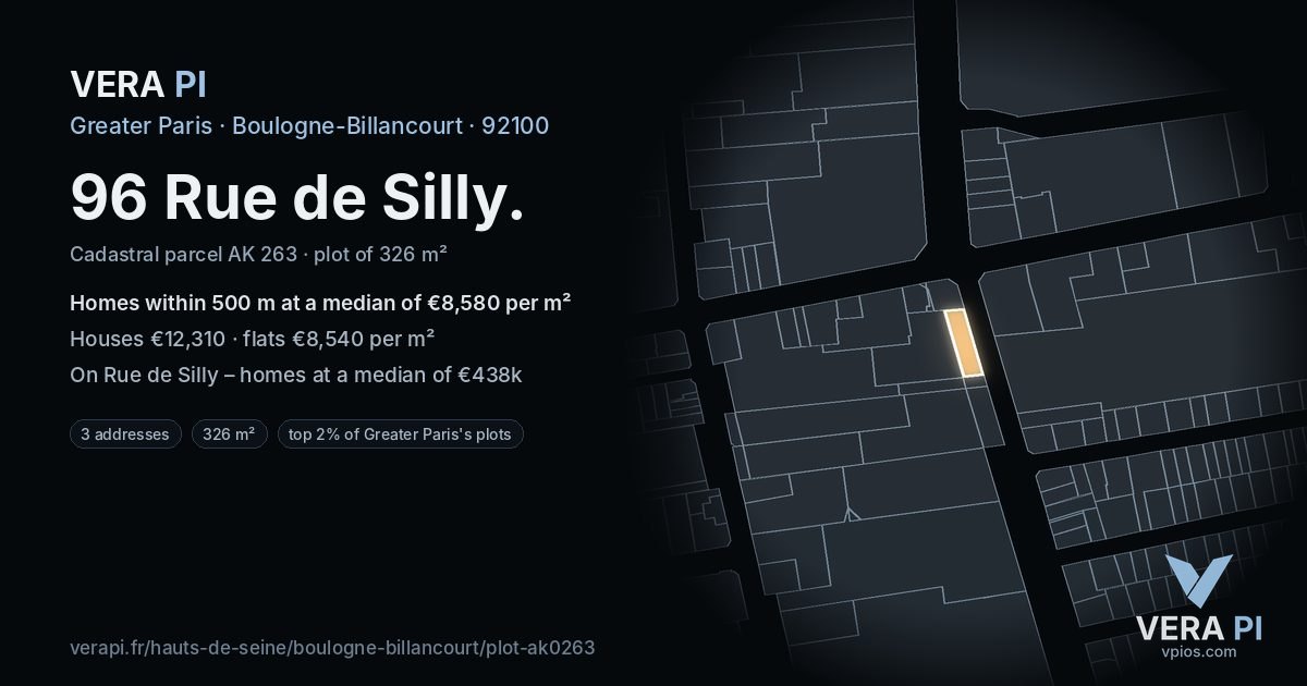 96 Rue de Silly, Boulogne-Billancourt at night – the plot lit, the parcels around coloured by the prices near them