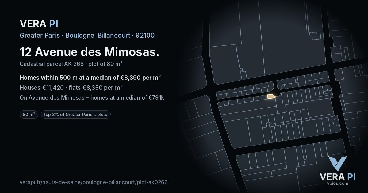12 Avenue des Mimosas, Boulogne-Billancourt at night – the plot lit, the parcels around coloured by the prices near them