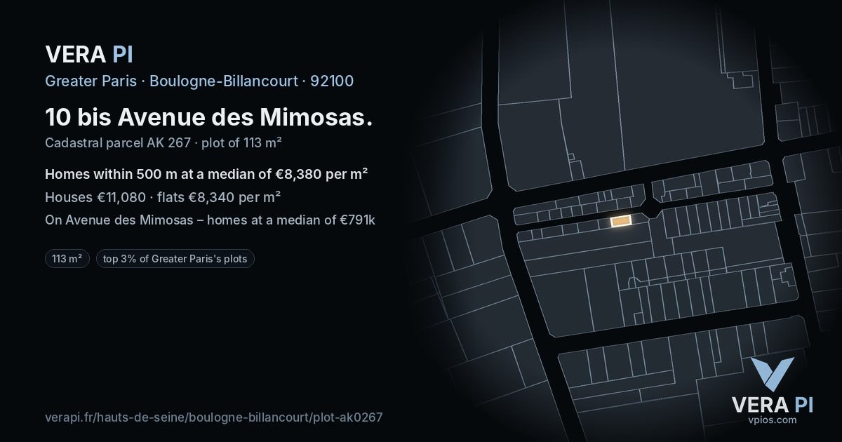 10 bis Avenue des Mimosas, Boulogne-Billancourt at night – the plot lit, the parcels around coloured by the prices near them