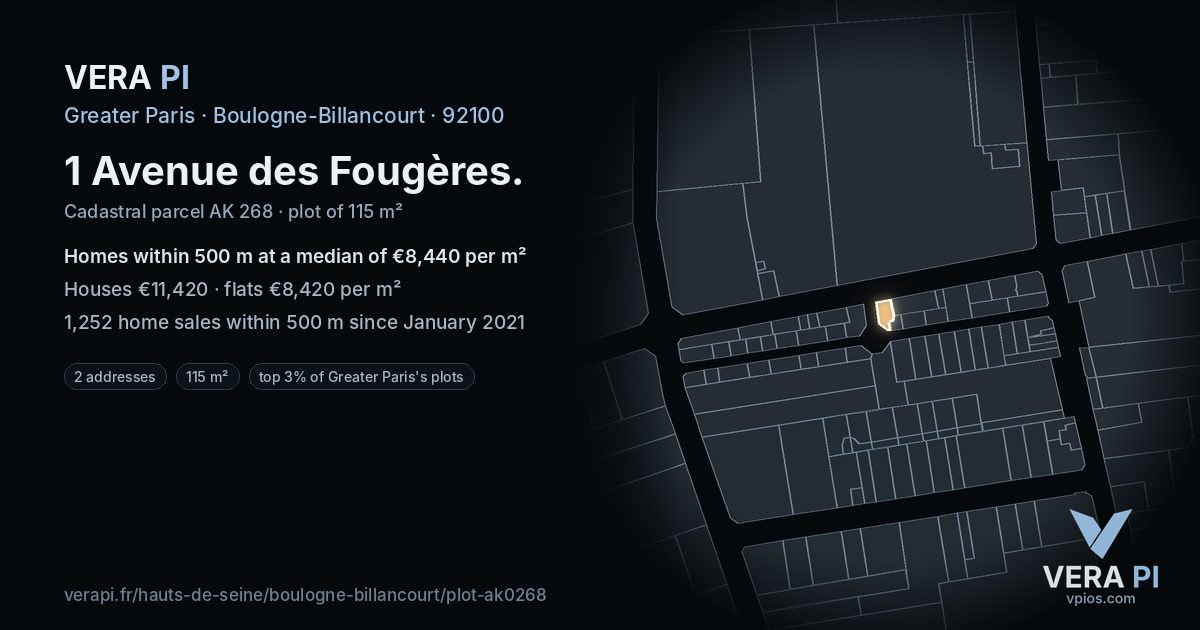 1 Avenue des Fougères, Boulogne-Billancourt at night – the plot lit, the parcels around coloured by the prices near them