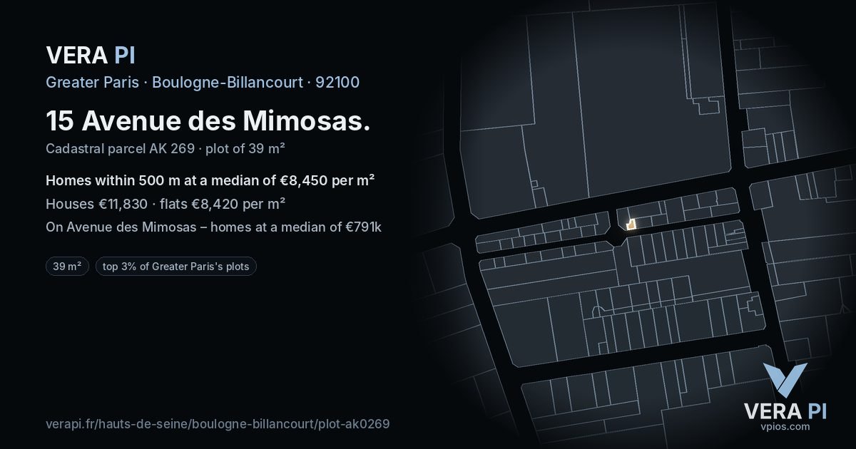 15 Avenue des Mimosas, Boulogne-Billancourt at night – the plot lit, the parcels around coloured by the prices near them