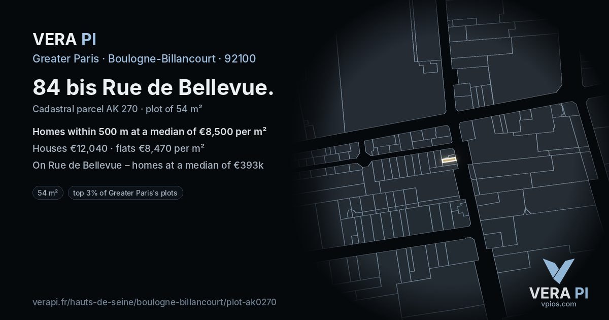 84 bis Rue de Bellevue, Boulogne-Billancourt at night – the plot lit, the parcels around coloured by the prices near them