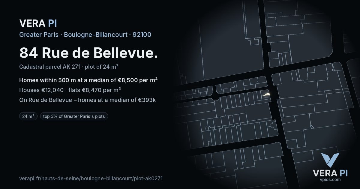 84 Rue de Bellevue, Boulogne-Billancourt at night – the plot lit, the parcels around coloured by the prices near them