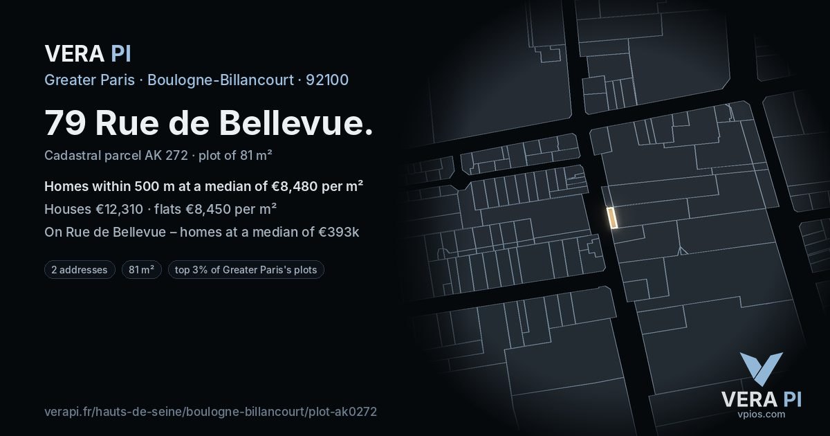 79 Rue de Bellevue, Boulogne-Billancourt at night – the plot lit, the parcels around coloured by the prices near them