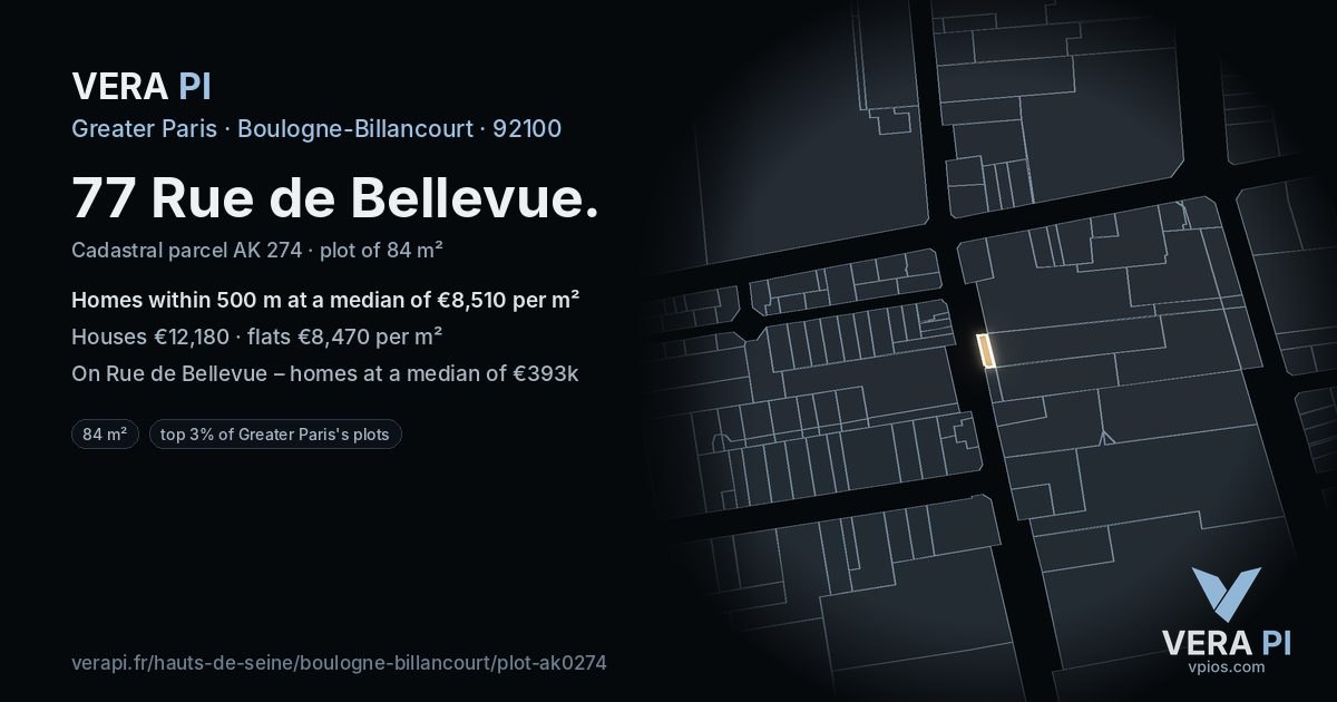 77 Rue de Bellevue, Boulogne-Billancourt at night – the plot lit, the parcels around coloured by the prices near them