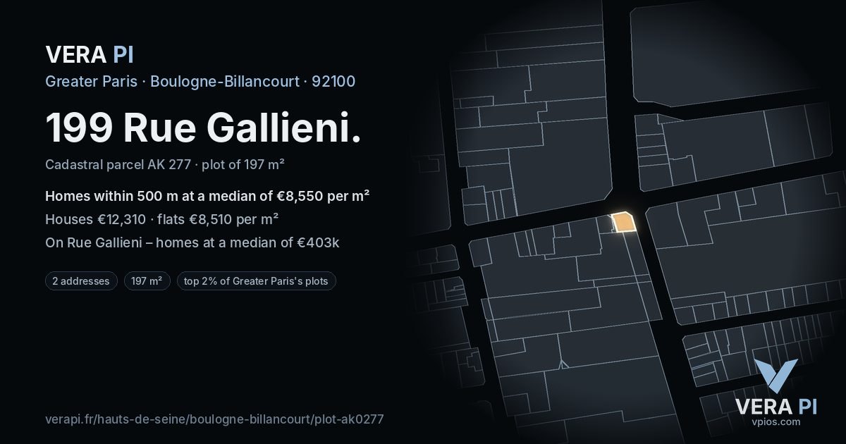 199 Rue Gallieni, Boulogne-Billancourt at night – the plot lit, the parcels around coloured by the prices near them