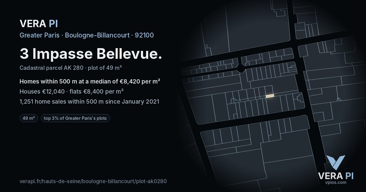 3 Impasse Bellevue, Boulogne-Billancourt at night – the plot lit, the parcels around coloured by the prices near them