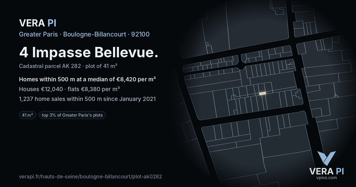 4 Impasse Bellevue, Boulogne-Billancourt at night – the plot lit, the parcels around coloured by the prices near them