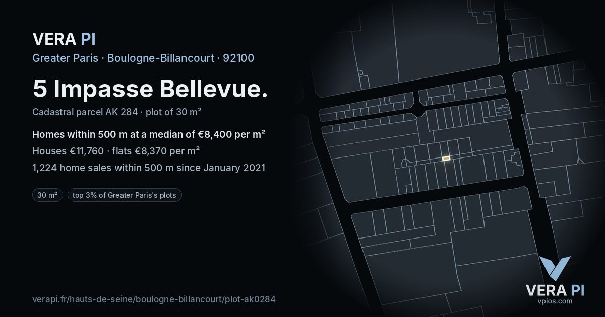 5 Impasse Bellevue, Boulogne-Billancourt at night – the plot lit, the parcels around coloured by the prices near them