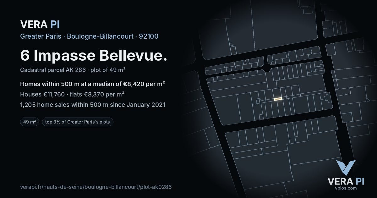 6 Impasse Bellevue, Boulogne-Billancourt at night – the plot lit, the parcels around coloured by the prices near them