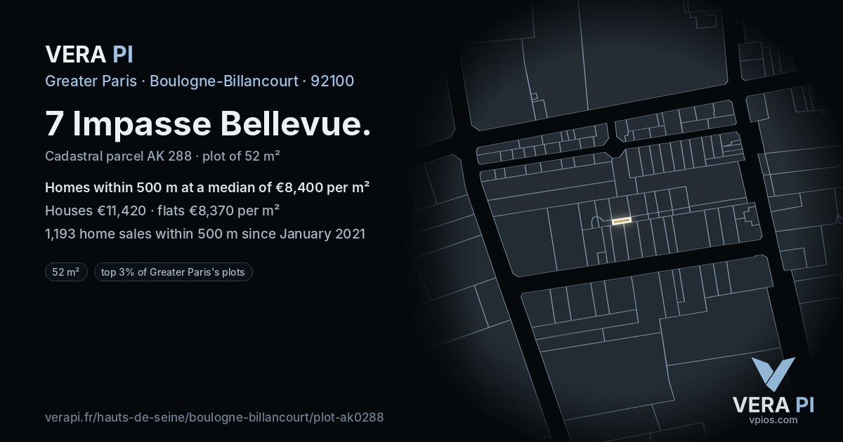 7 Impasse Bellevue, Boulogne-Billancourt at night – the plot lit, the parcels around coloured by the prices near them