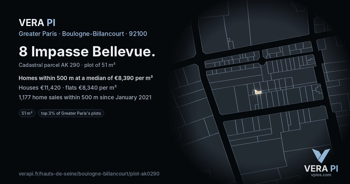 8 Impasse Bellevue, Boulogne-Billancourt at night – the plot lit, the parcels around coloured by the prices near them
