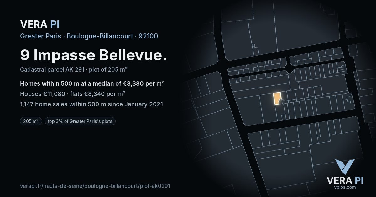 9 Impasse Bellevue, Boulogne-Billancourt at night – the plot lit, the parcels around coloured by the prices near them