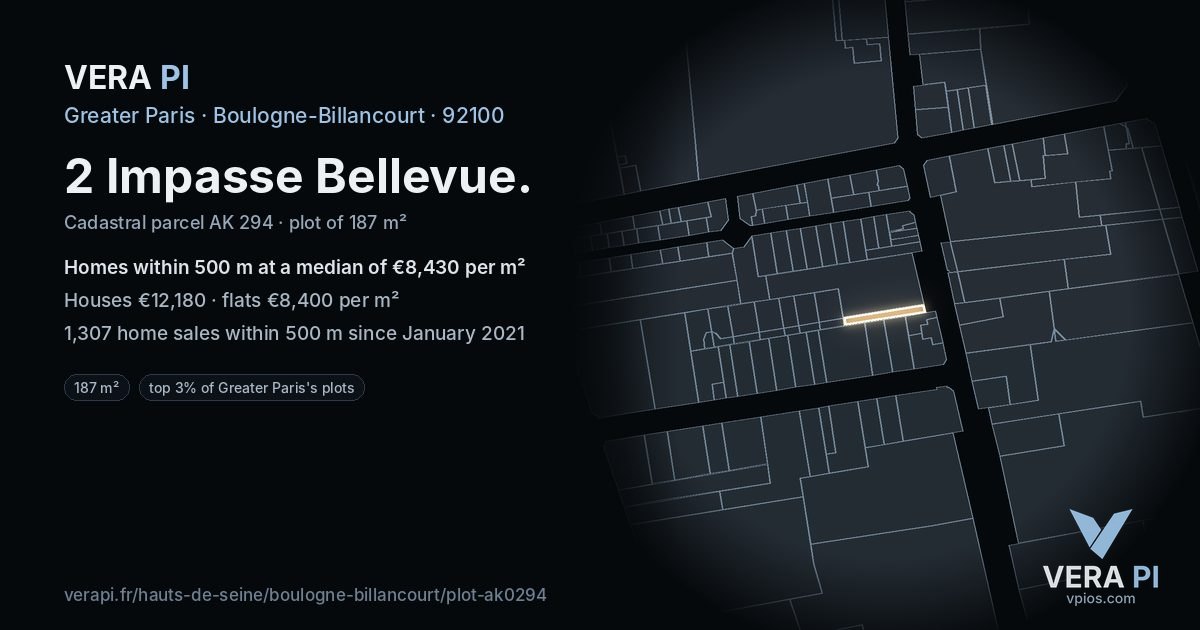 2 Impasse Bellevue, Boulogne-Billancourt at night – the plot lit, the parcels around coloured by the prices near them