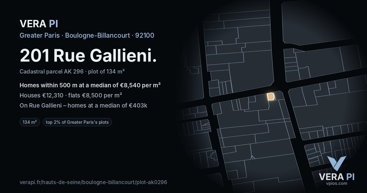 201 Rue Gallieni, Boulogne-Billancourt at night – the plot lit, the parcels around coloured by the prices near them