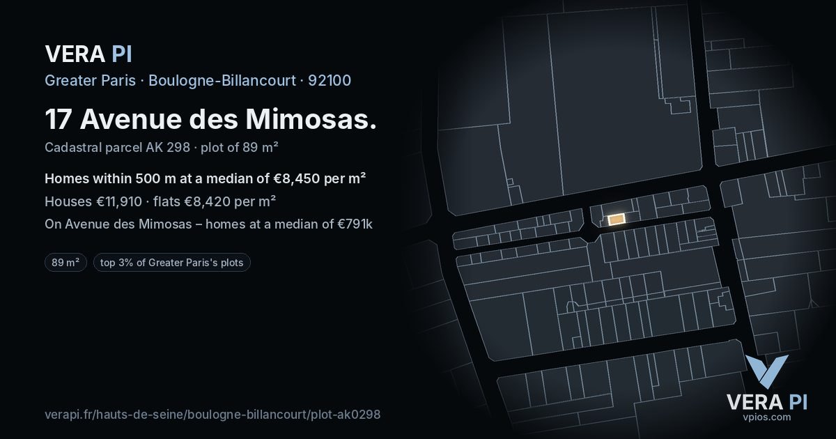 17 Avenue des Mimosas, Boulogne-Billancourt at night – the plot lit, the parcels around coloured by the prices near them