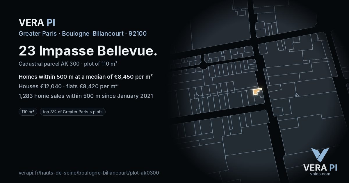 23 Impasse Bellevue, Boulogne-Billancourt at night – the plot lit, the parcels around coloured by the prices near them