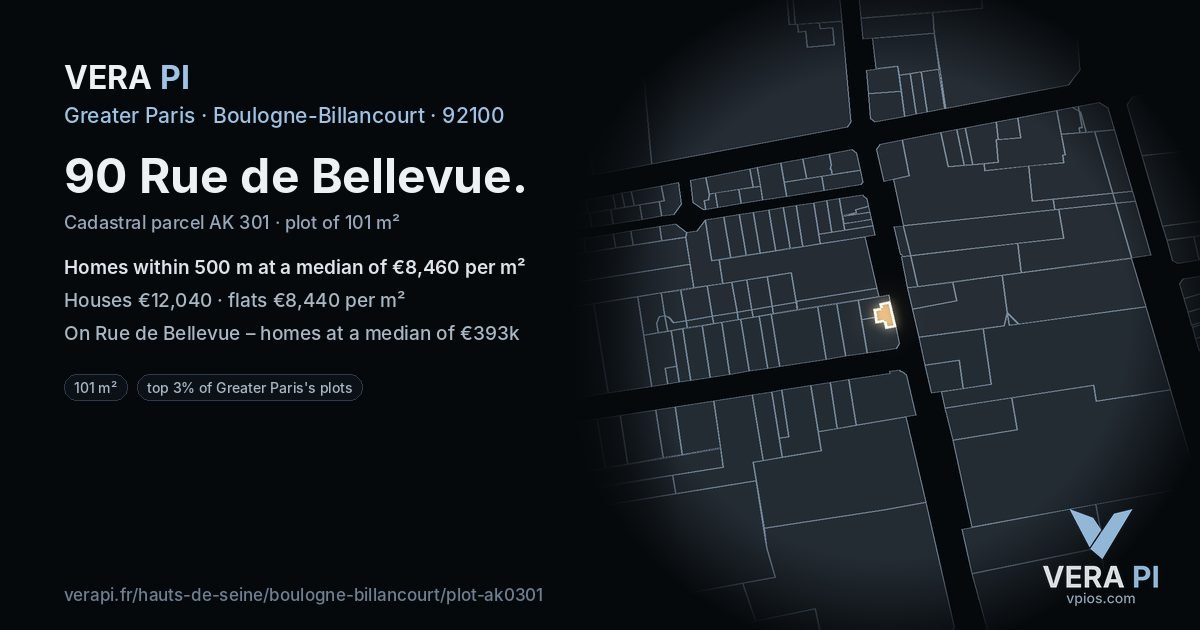 90 Rue de Bellevue, Boulogne-Billancourt at night – the plot lit, the parcels around coloured by the prices near them
