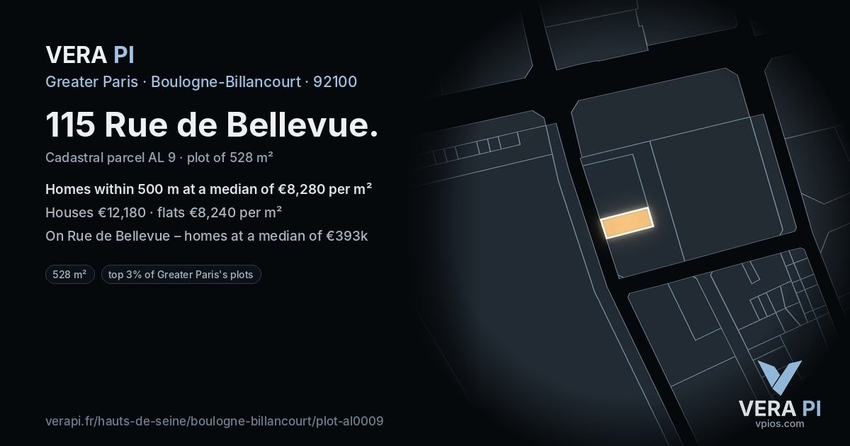 115 Rue de Bellevue, Boulogne-Billancourt at night – the plot lit, the parcels around coloured by the prices near them