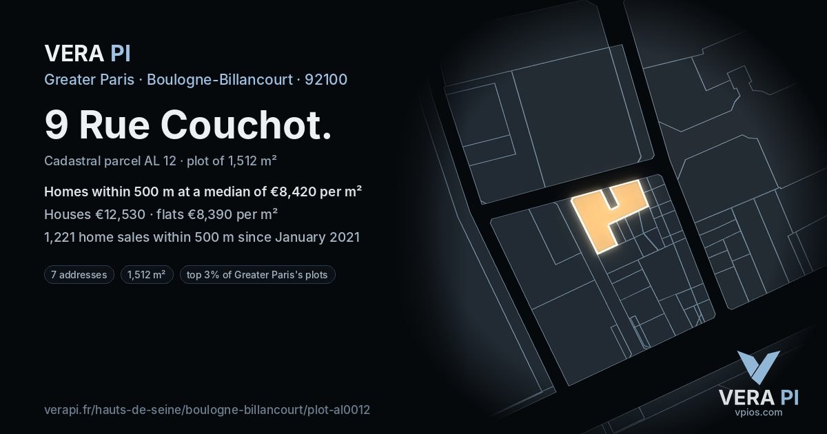 9 Rue Couchot, Boulogne-Billancourt at night – the plot lit, the parcels around coloured by the prices near them