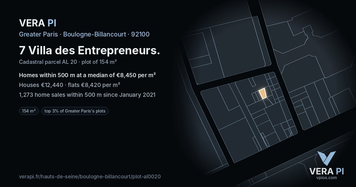 7 Villa des Entrepreneurs, Boulogne-Billancourt at night – the plot lit, the parcels around coloured by the prices near them