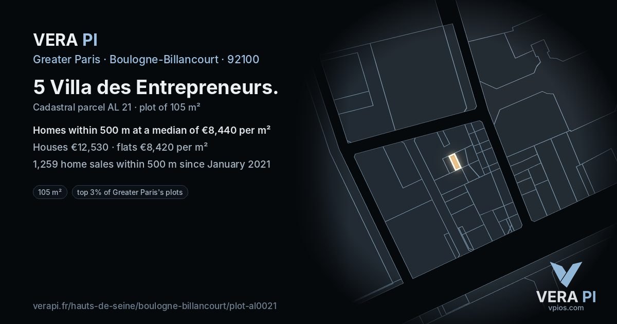 5 Villa des Entrepreneurs, Boulogne-Billancourt at night – the plot lit, the parcels around coloured by the prices near them