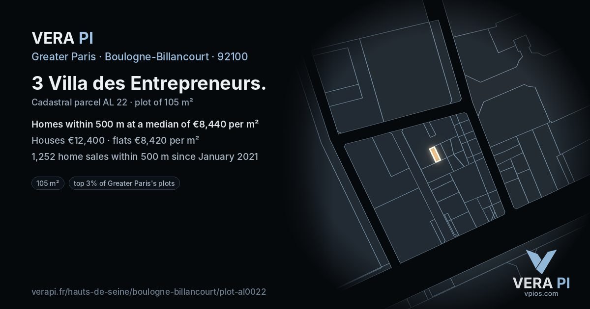 3 Villa des Entrepreneurs, Boulogne-Billancourt at night – the plot lit, the parcels around coloured by the prices near them