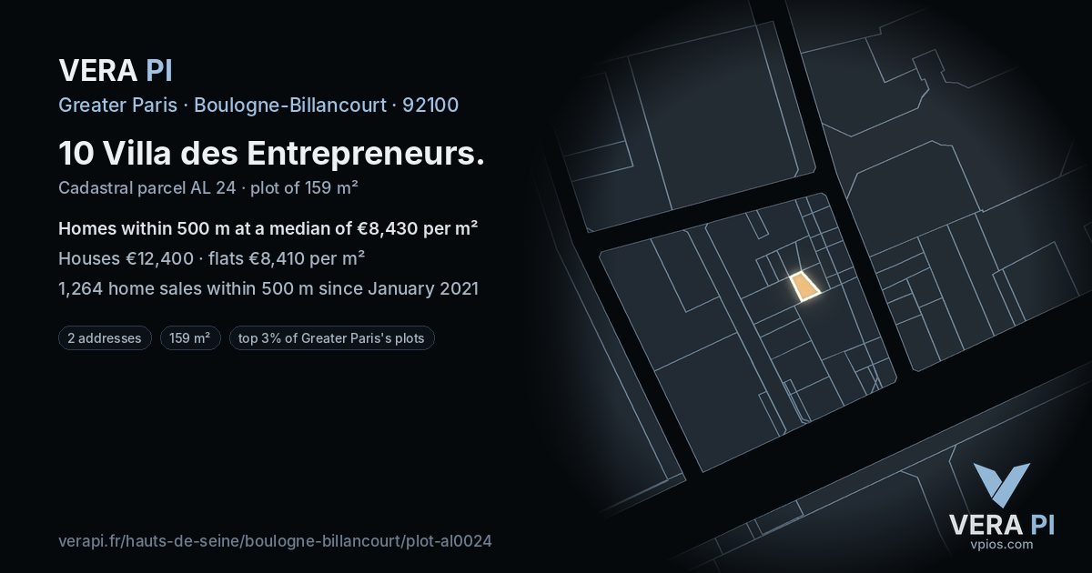 10 Villa des Entrepreneurs, Boulogne-Billancourt at night – the plot lit, the parcels around coloured by the prices near them