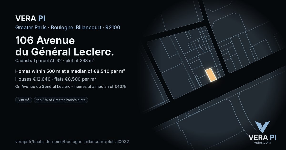 106 Avenue du Général Leclerc, Boulogne-Billancourt at night – the plot lit, the parcels around coloured by the prices near them