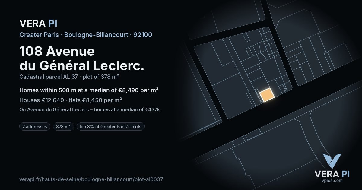 108 Avenue du Général Leclerc, Boulogne-Billancourt at night – the plot lit, the parcels around coloured by the prices near them
