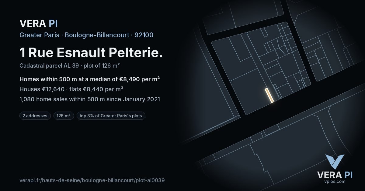 1 Rue Esnault Pelterie, Boulogne-Billancourt at night – the plot lit, the parcels around coloured by the prices near them