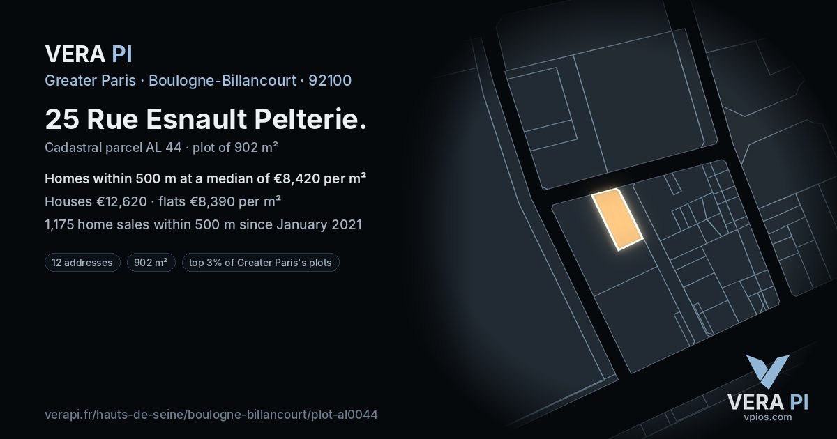 25 Rue Esnault Pelterie, Boulogne-Billancourt at night – the plot lit, the parcels around coloured by the prices near them