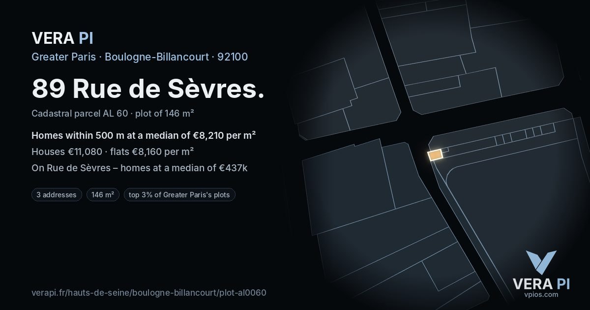 89 Rue de Sèvres, Boulogne-Billancourt at night – the plot lit, the parcels around coloured by the prices near them