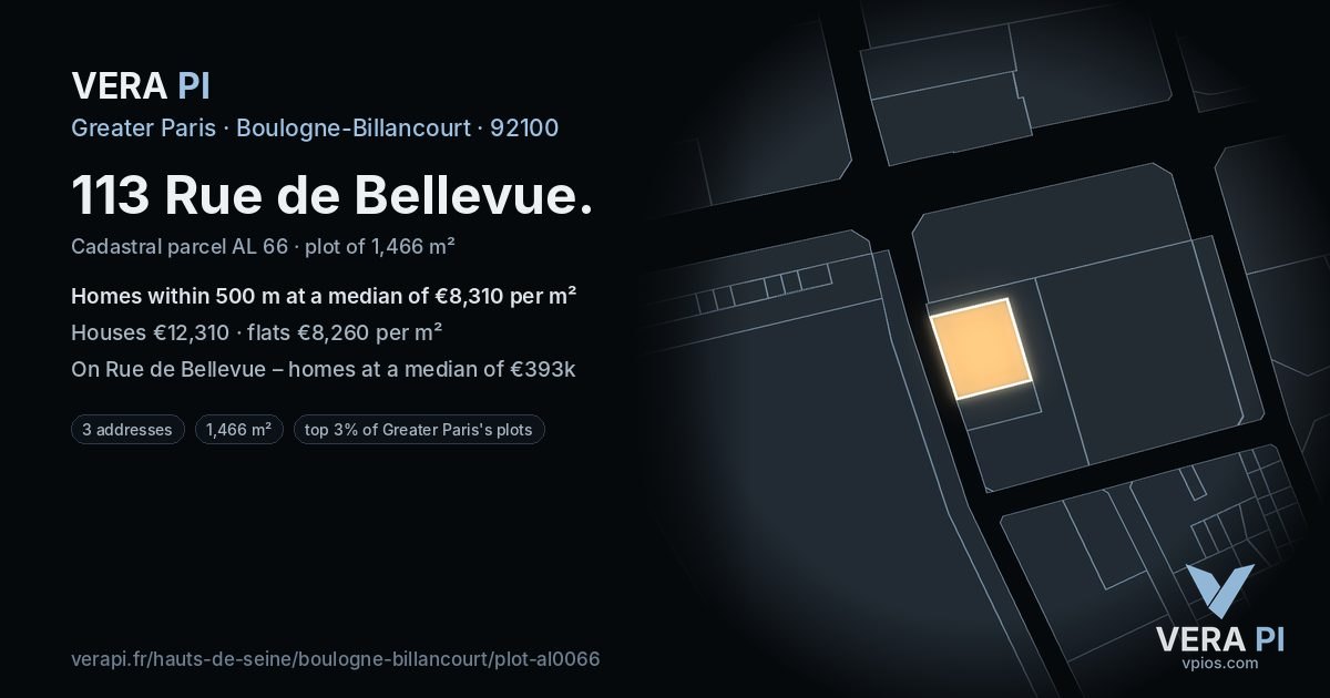 113 Rue de Bellevue, Boulogne-Billancourt at night – the plot lit, the parcels around coloured by the prices near them